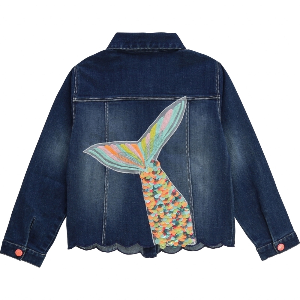 Billieblush Girls Denim Jacket with Colorful Mermaid Sequins Tail  Size 8Y / 125